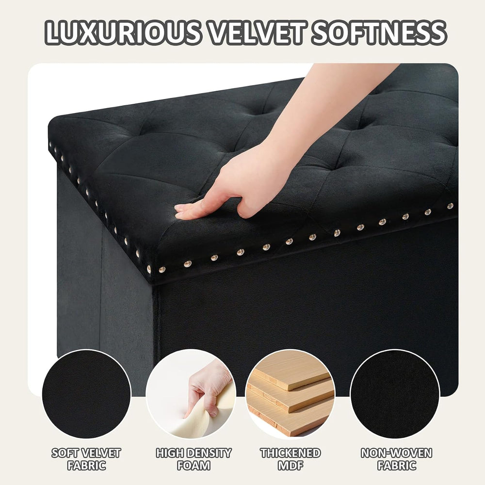 PINPLUS Folding Storage Ottoman Bench, Black Velvet | Large Storage Chest wit...