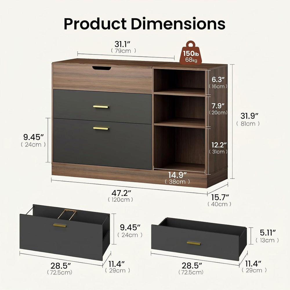 ModernMate Office File Cabinet w/ 2 Drawers, 47.2" Flip - Top Lateral Fi...