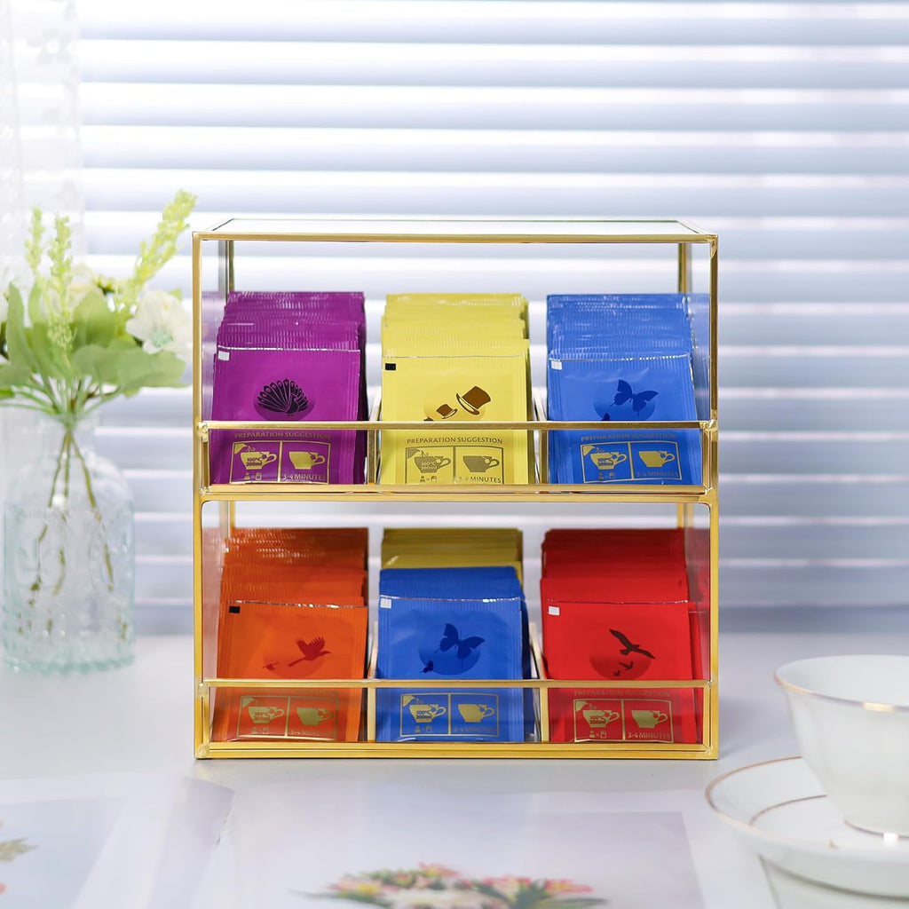 Glass Tea Bag Organizer for Counter, 2-Tier Teabag Organizer Storage Holder for Tea Bags, Glass Caddy Box Containers, Rack Teabag Station Stand for Cabinet Kitchen, 2-Tier, Gold