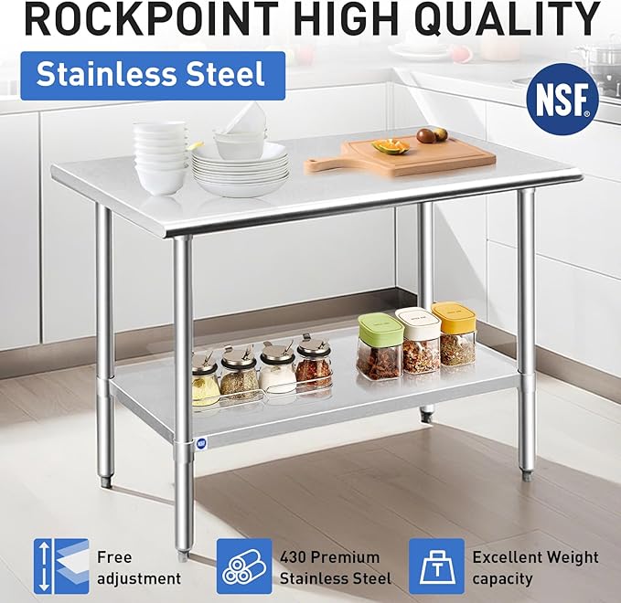 ROCKPOINT Stainless Steel Table for Prep & Work 24x72 Inches, NSF Metal Commercial Kitchen Heavy Duty Table with Adjustable Under Shelf and Table Foot for Restaurant, Home and Hotel