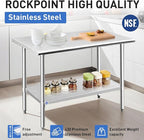 ROCKPOINT Stainless Steel Table for Prep & Work 24x60 Inches, NSF Metal Commercial Kitchen Heavy Duty Table with Adjustable Under Shelf and Table Foot for Restaurant, Home and Hotel