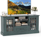 Tangkula Farmhouse TV Stand for TV up to 65 70 Inches, Tall Media Console Table with 2 Glass Storage Cabinets, 1 Drawer & 2 Open Shelves, Wooden Entertainment Center for Living Room (Vintage Green)
