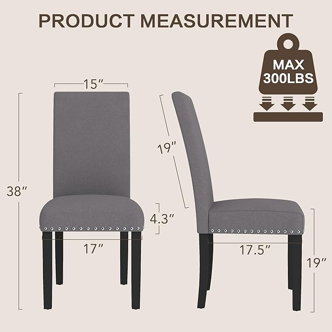 LSSBOUGHT Set of 2 Fabric Upholstered Dining Chair with Nailheads and Sturdy Wooden Legs (Gray, 6PCS)