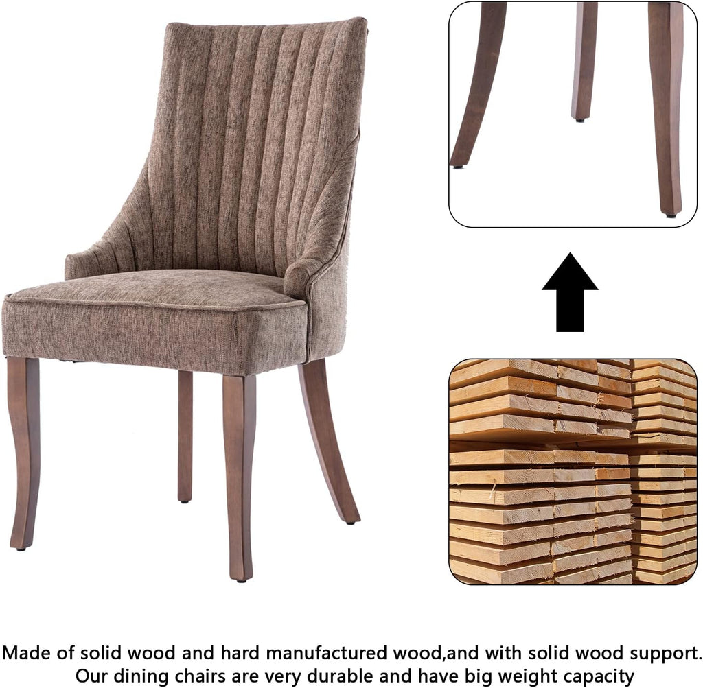 mikibama Linen Brown Dining Chairs Set of 6 Channel Tufted Kitchen Dinner Chair Comfy Fabric Upholstered Accent Chair for Dining Room with Solid Wood Legs