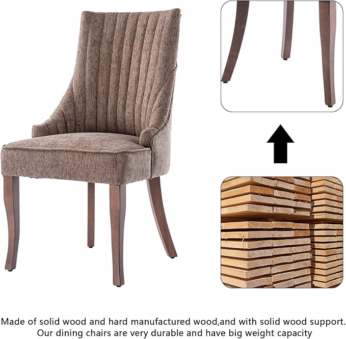 mikibama Linen Dining Chairs Set of 6 Channel Tufted Kitchen Dinner Chair Comfy Fabric Upholstered Accent Chair for Dining Room with Solid Wood Legs (Brown 6pc)