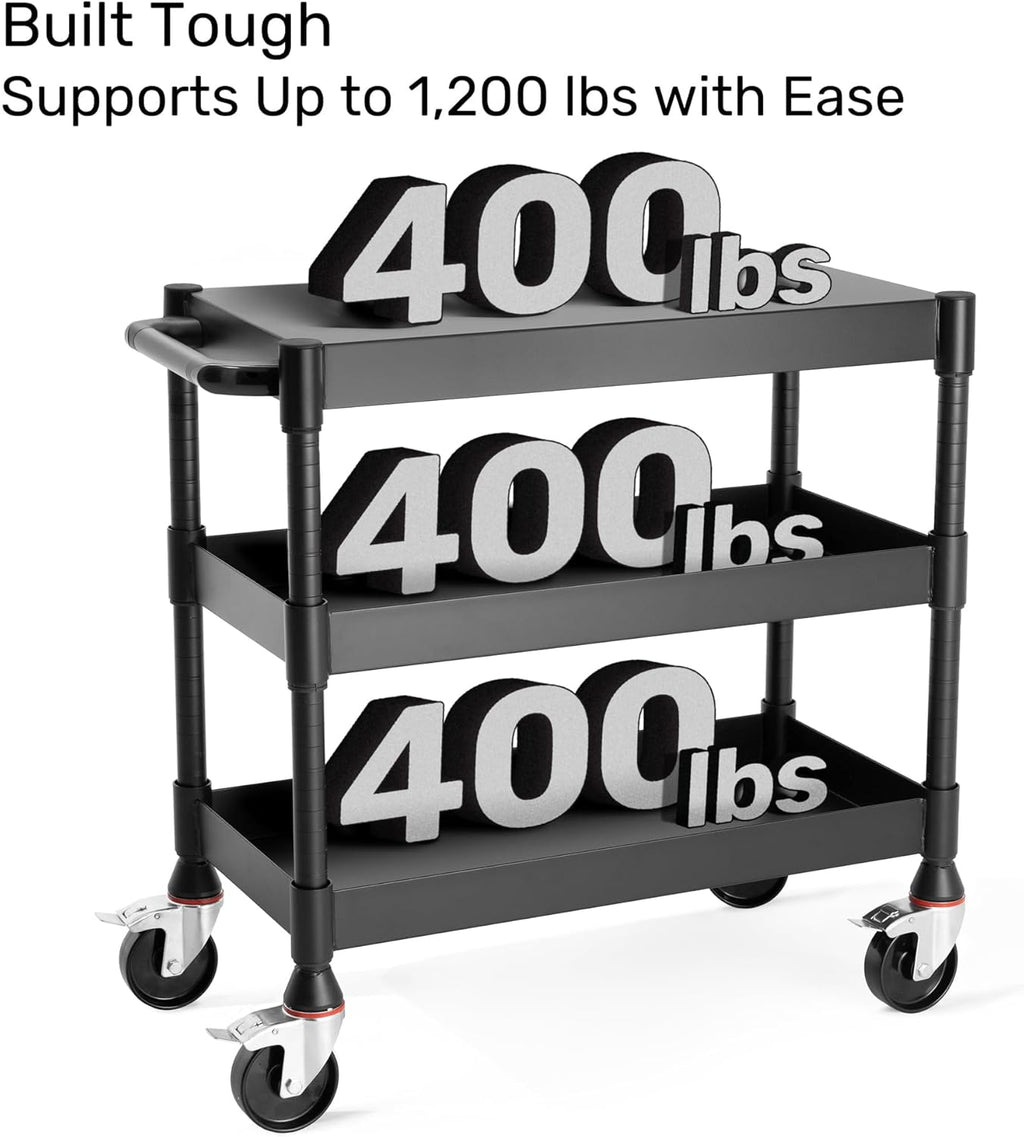 MightyHaul 18" Heavy-Duty Utility Cart with 2 Reversible Shelves, 1,200 lb Capacity, Heavy-Duty Casters for Industrial Use