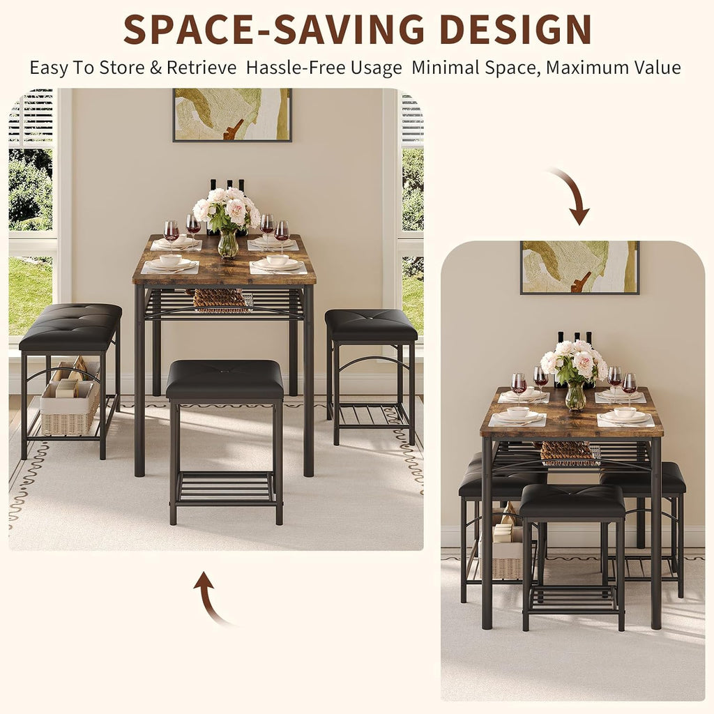 4-Piece Dining Table Set for 4, Industrial Table with Bench & Stools | 4-Piece Dining Table Set for 4, Industrial Table with Bench & Stools