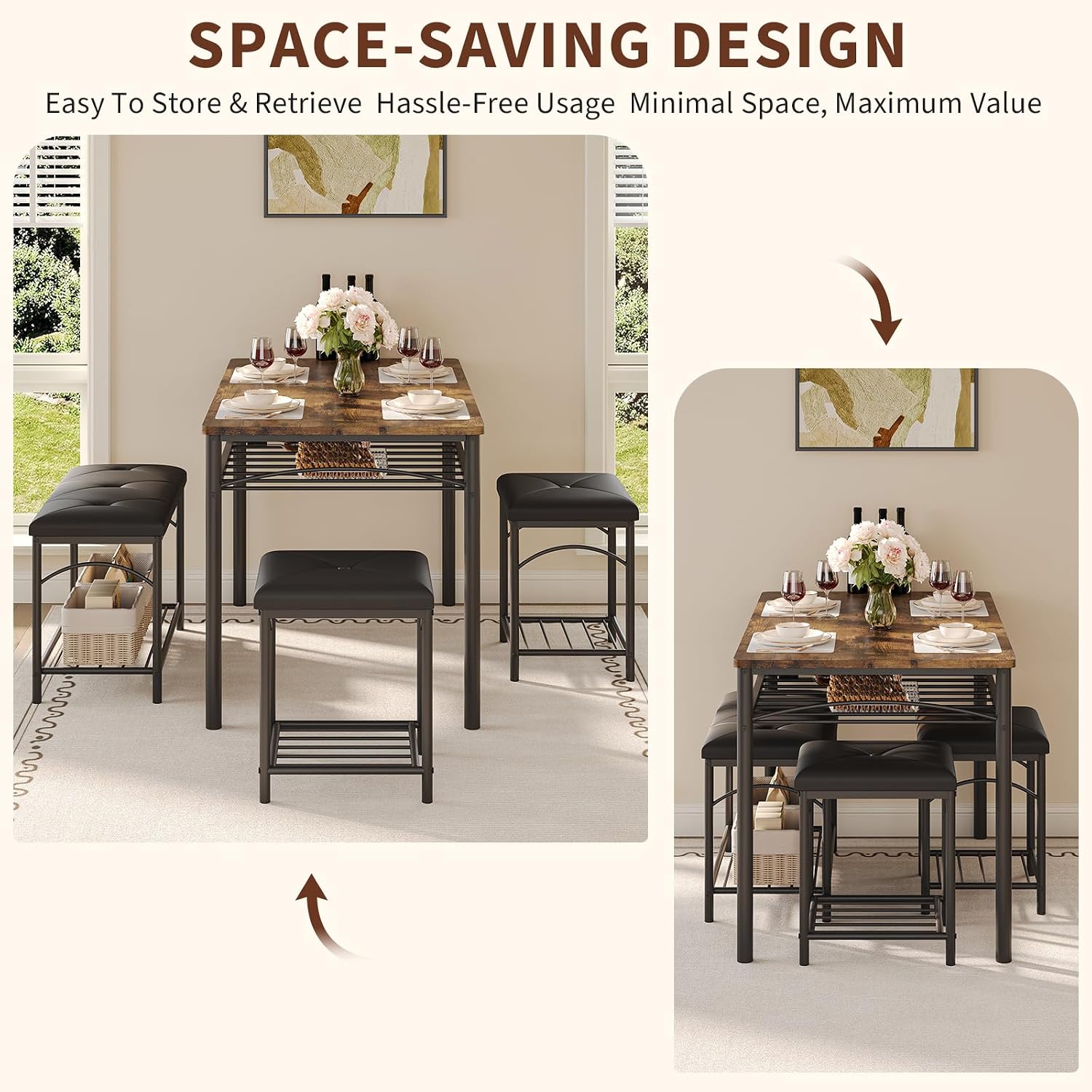 4-Piece Dining Table Set for 4, Industrial Table with Bench & Stools | 4-Piece Dining Table Set for 4, Industrial Table with Bench & Stools
