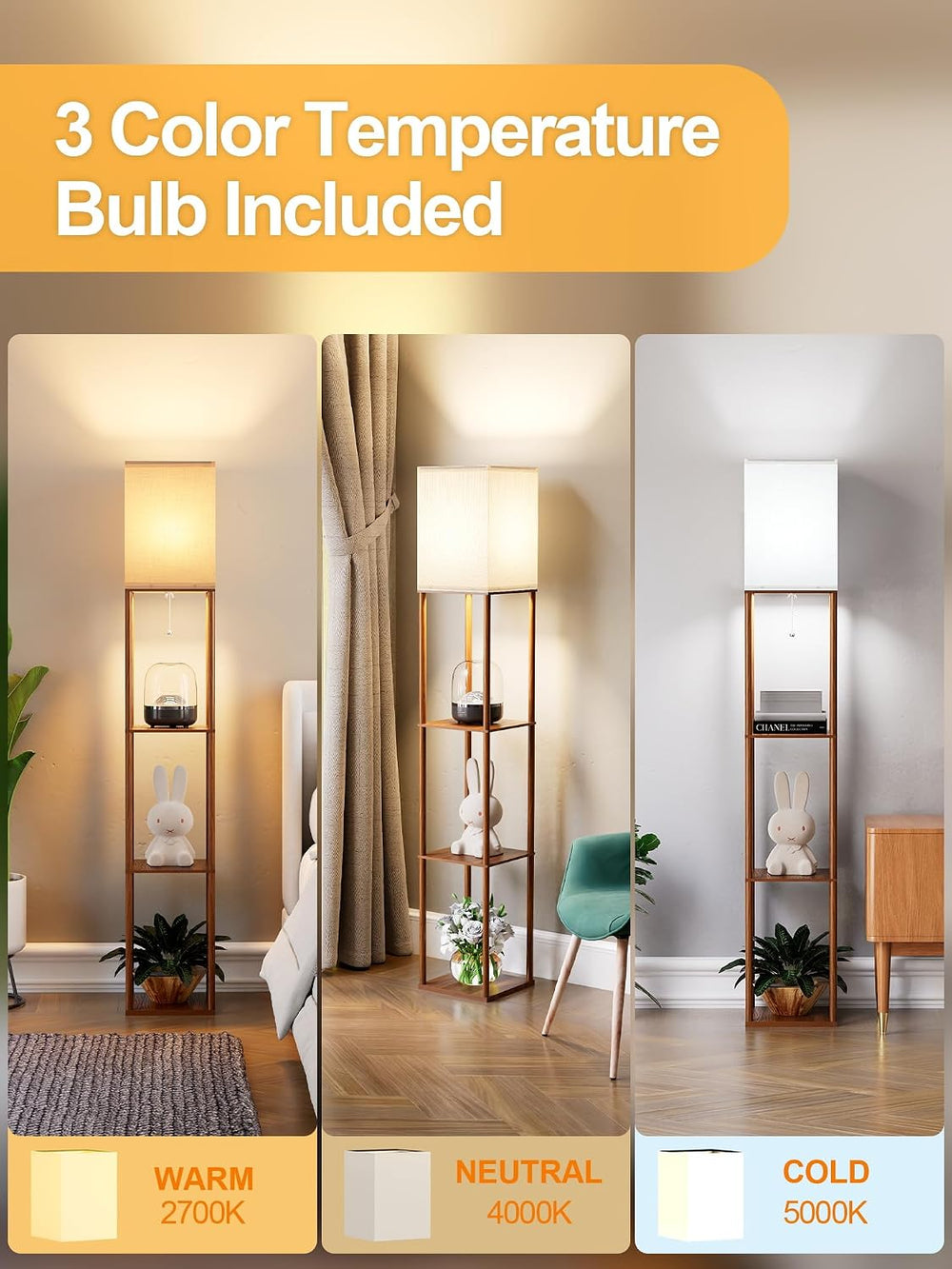 Floor Lamp with Shelves for Living Room Walnut Brown, Shelf Floor Lamp with 3...