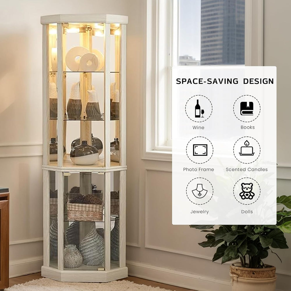 Corner Curio Cabinet, 70" H Lighted Glass Display Cage with Tempered Gla...