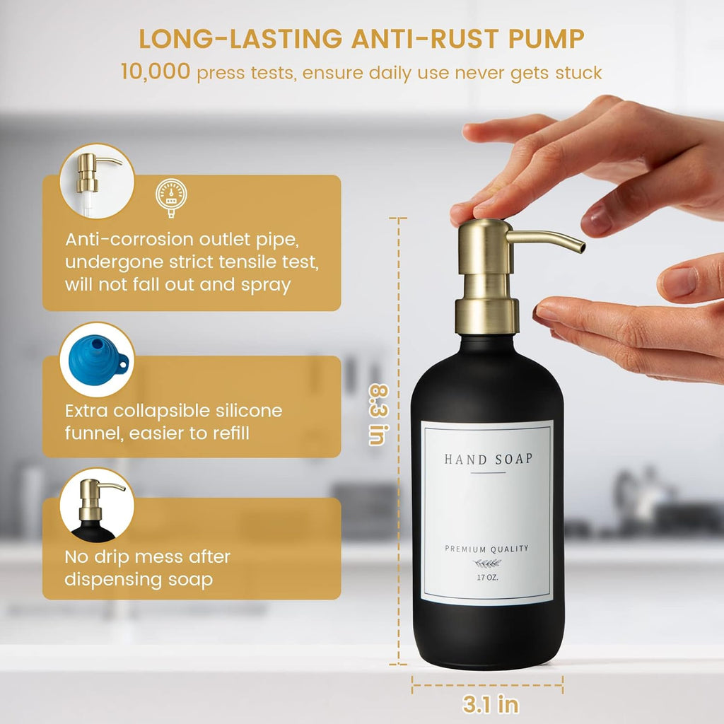 Glass Soap Dispenser for Kitchen, Farmhouse Dish Soap Dispenser&Hand Soap Dispenser Set,Rustproof Pump Lotion Dispenser Bathroom with Tray,Waterproof Label for Kitchen Decor(Black