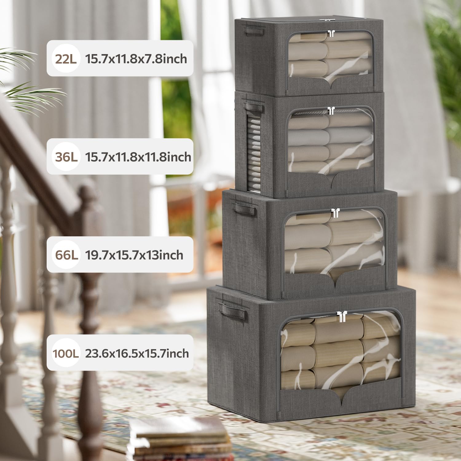 FHSQX 3 Pack Extra Large Clothes Storage Bins Foldable Metal Frame Storage Box Stackable Linen Fabric Organizer Set with Carrying Handles and Clear Window (Dark Gray, 23.6x16.5x15.7inch(100L))
