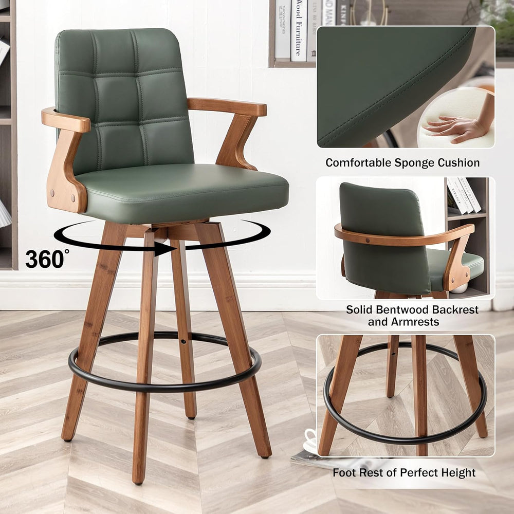 MEKLIBA 30” Bar Height Bar Stools,Leather Upholstered Bar Chair, Swivel Bar S...