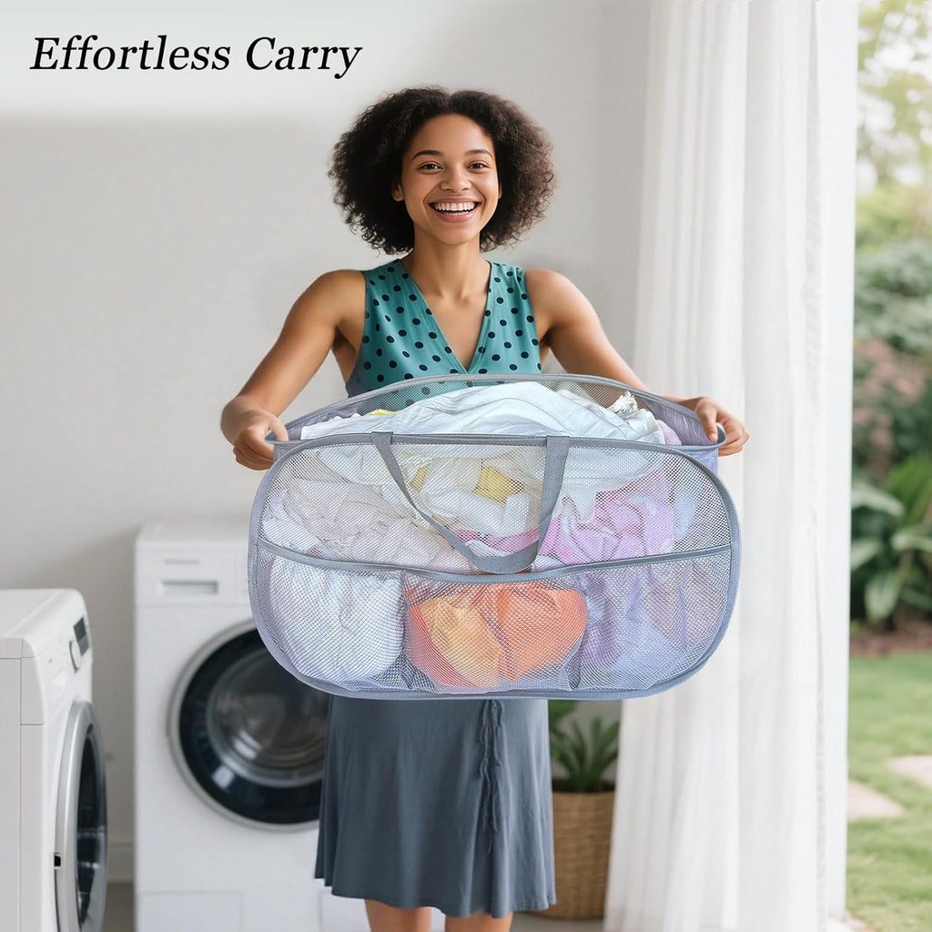 Collapsible Laundry Baskets 2 Pack, Mesh Pop Up Hamper with Handles, Portable Stair Basket, Dorm or Room Folding Bin, Dirty Clothes Hamper Light Breathable. Grey. 2H