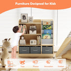 Kids Bookshelf Wood Montessori Toy Storage Organizer Cabinet Shelf Child Bookcase Toddler Baby Sling Book Rack 3 Cube Bin Fabric Drawers for Playroom Bedroom Nursery School