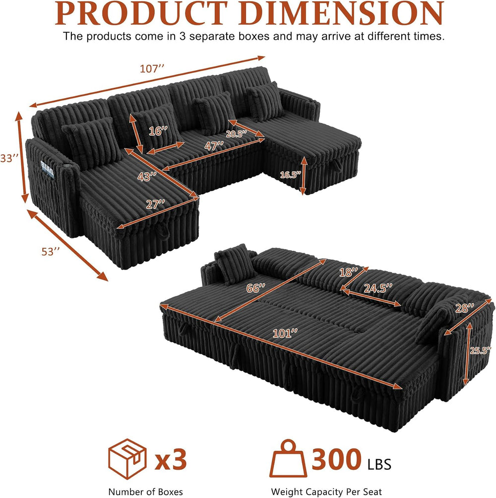 107'' Sectional Sleeper Sofa with Pull Out Bed, Storage Chaise, Adjus...