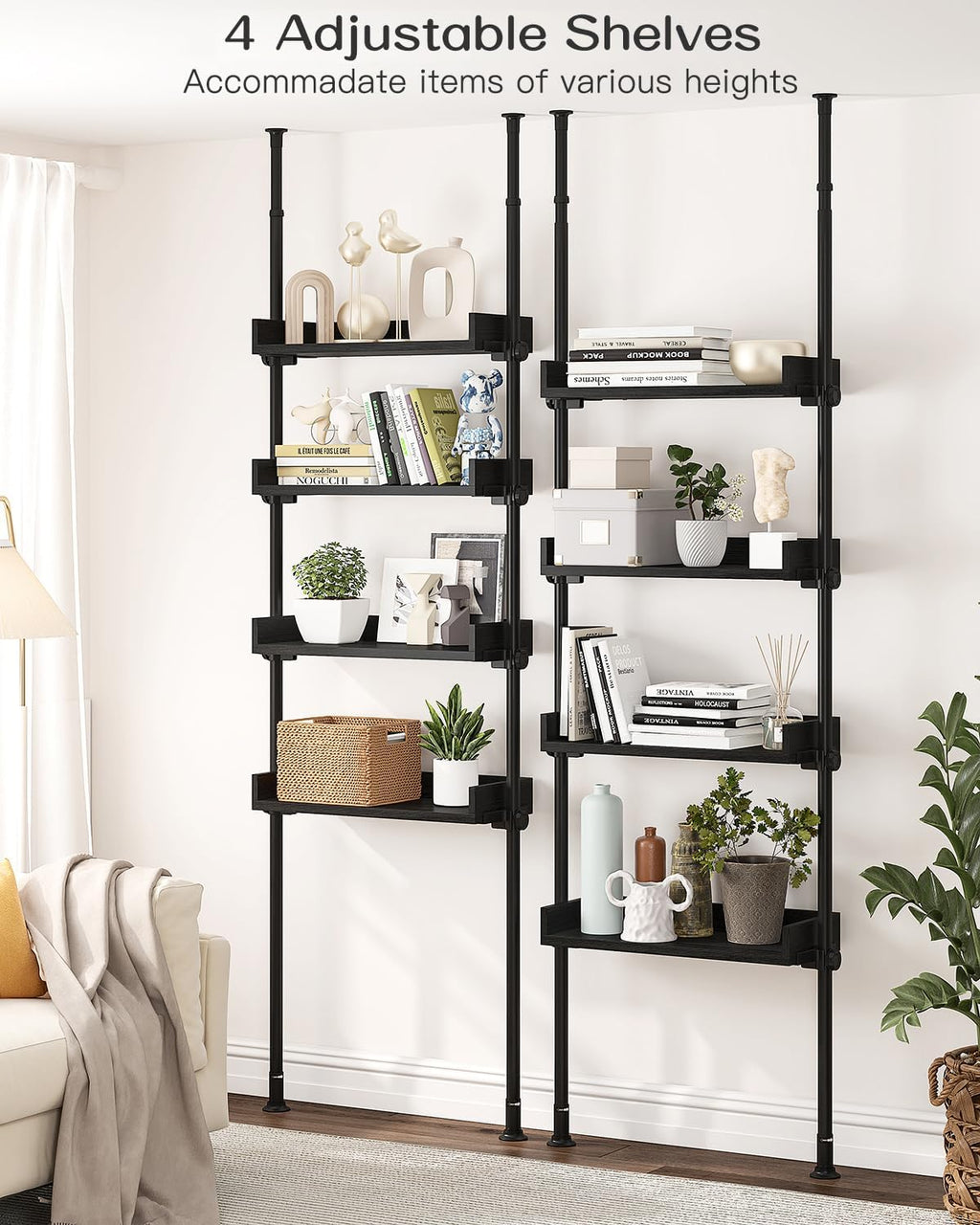 ALLZONE 4 Tier Over The Toilet Storage, Adjustable Wood Over Toilet Bathroom Organizer, Freestanding Shelves, Fit Most Showers Over The Toilet Shelf, 92 to 116 Inch Tall, Black