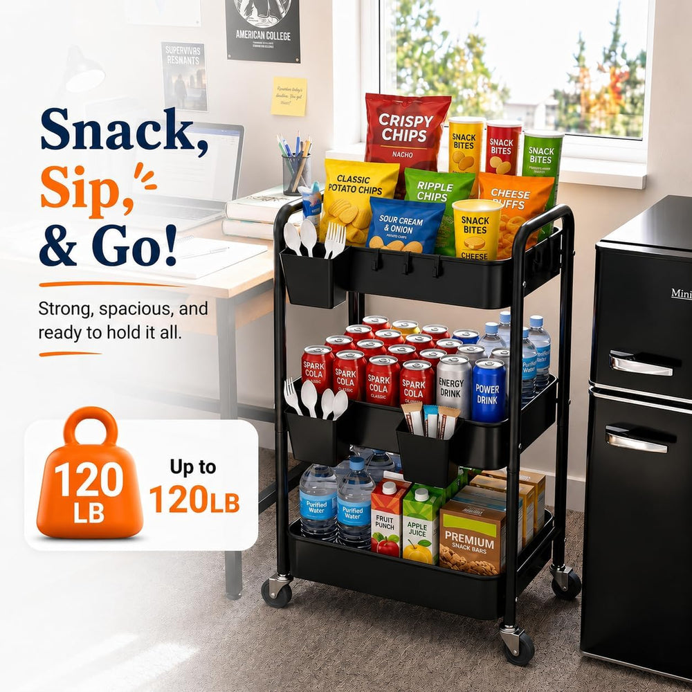 3 Tier Heavy Duty Metal Rolling Storage Cart Organizer with Wheels, Black | T...