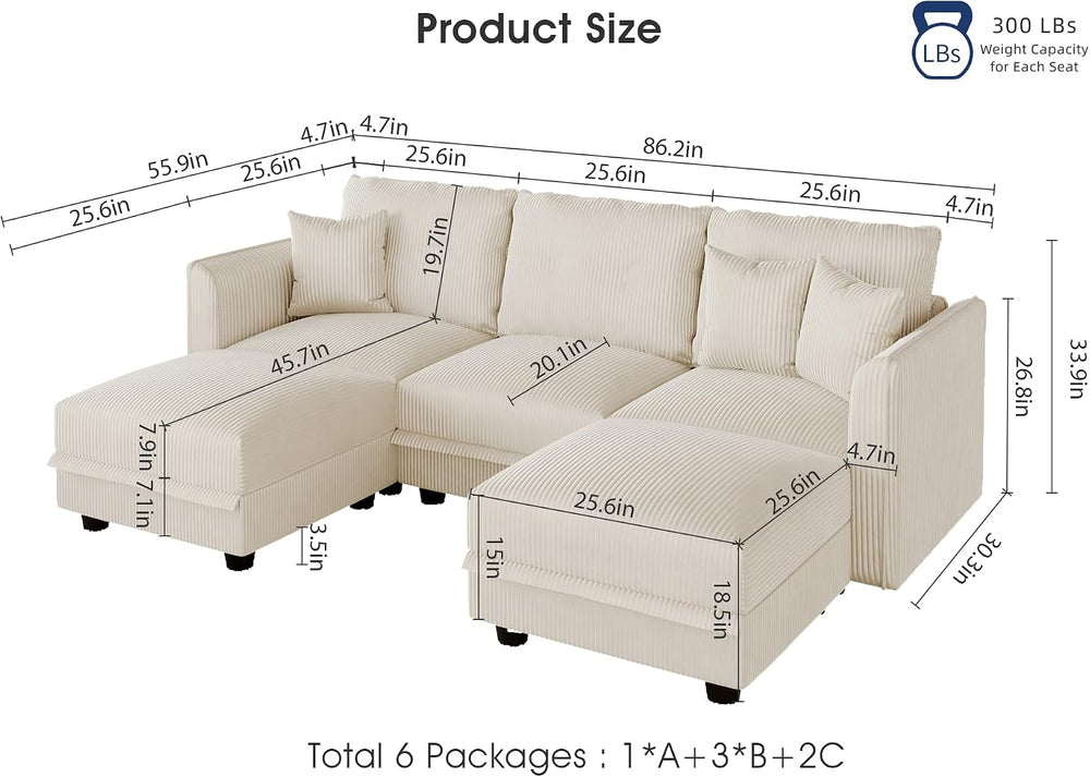 LLappuil Sectional Sofa Modular Cloud Couch with 5 Storage Seats & 3 Thro...