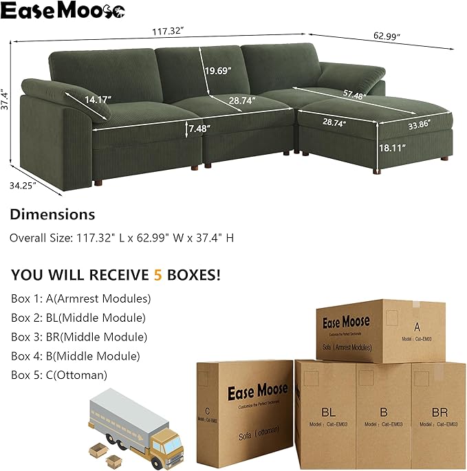 EASE MOOSE Sectional Modular Sofa,Comfty Oversized L Shape Sectional Couch Wide Deep Seat Modular Cloud Couch with Ottoman,Green