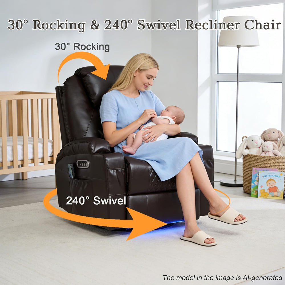 AHMED Dual Motor Power Swivel Rocker Recliner Chair, Faux Leather, Brown | El...