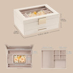 Lolalet Jewelry Organizer with Glass Lid, 2-Layer Jewelry Box Case with Drawer, Earrings Watch Ring Display Storage -Beige