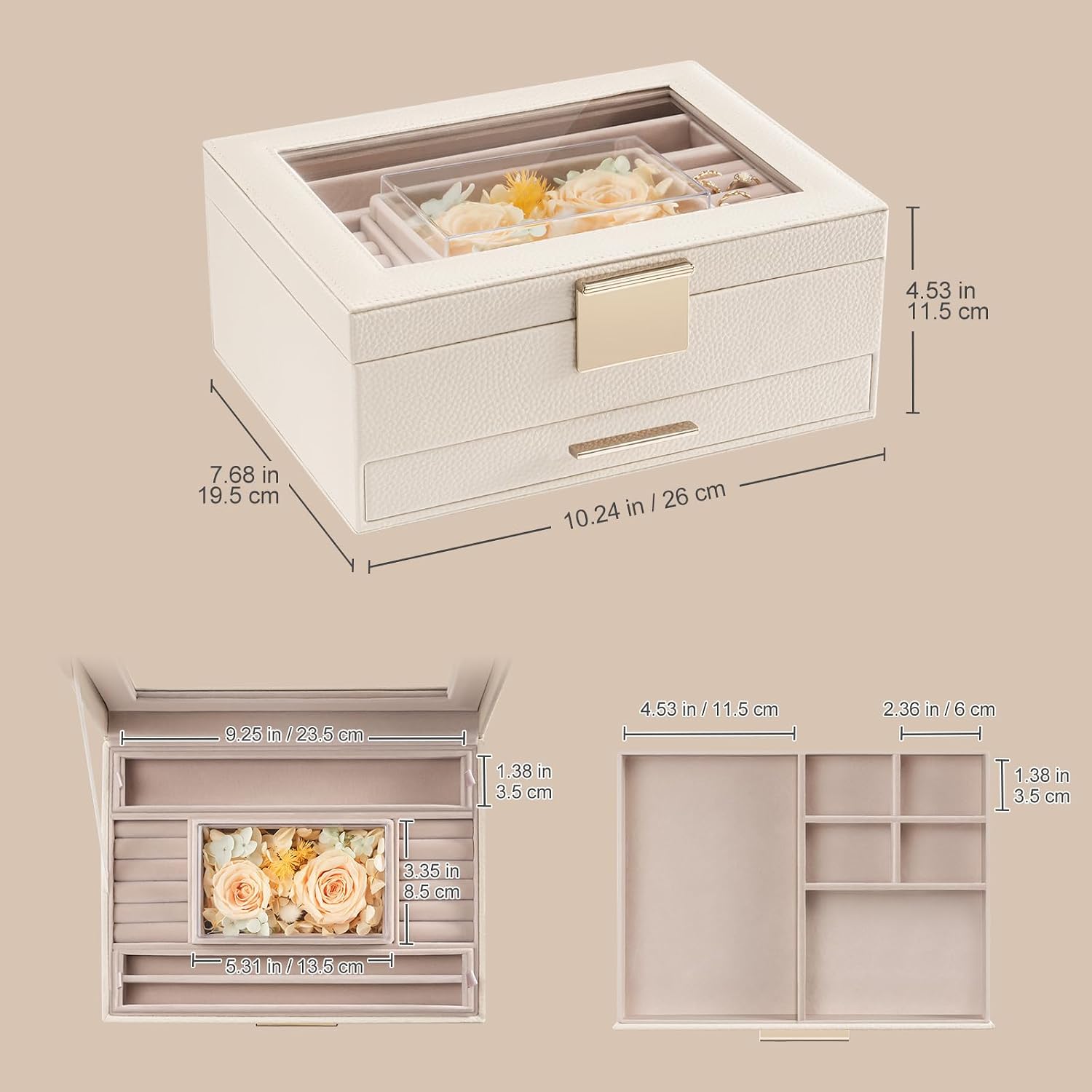 Lolalet Jewelry Organizer with Glass Lid, 2-Layer Jewelry Box Case with Drawer, Earrings Watch Ring Display Storage -Beige