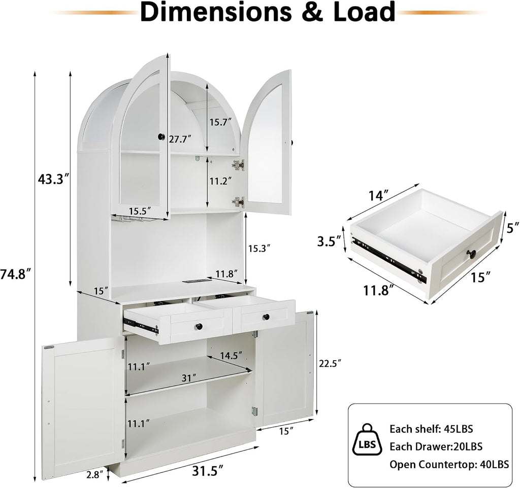 75" Tall Arched Kitchen Pantry Cabinet with Charging Station, Farmhouse Hutch Storage Cabinet with 5-Tier Shelves and 2 Drawers, Home Bar White Cupboard for Kitchen, Dining Room, Living Room(White)