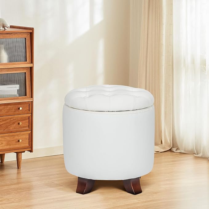 Athena Collection 15 Inch Small Ottoman with Storage, Round PU Leather Storage Ottoman Foot Rest with Removable Lid, Multipurpose Footstool Footrest for Living Room, Bedroom, Dorm, White