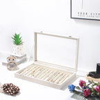 Coward 14 Hooks Necklace Storage Tray, Velvet Neckalce Organizer Box with Clear Lid, Pendant Chain Necklace Jewelry Organizer Drawer Tray for Women Girls (Beige)