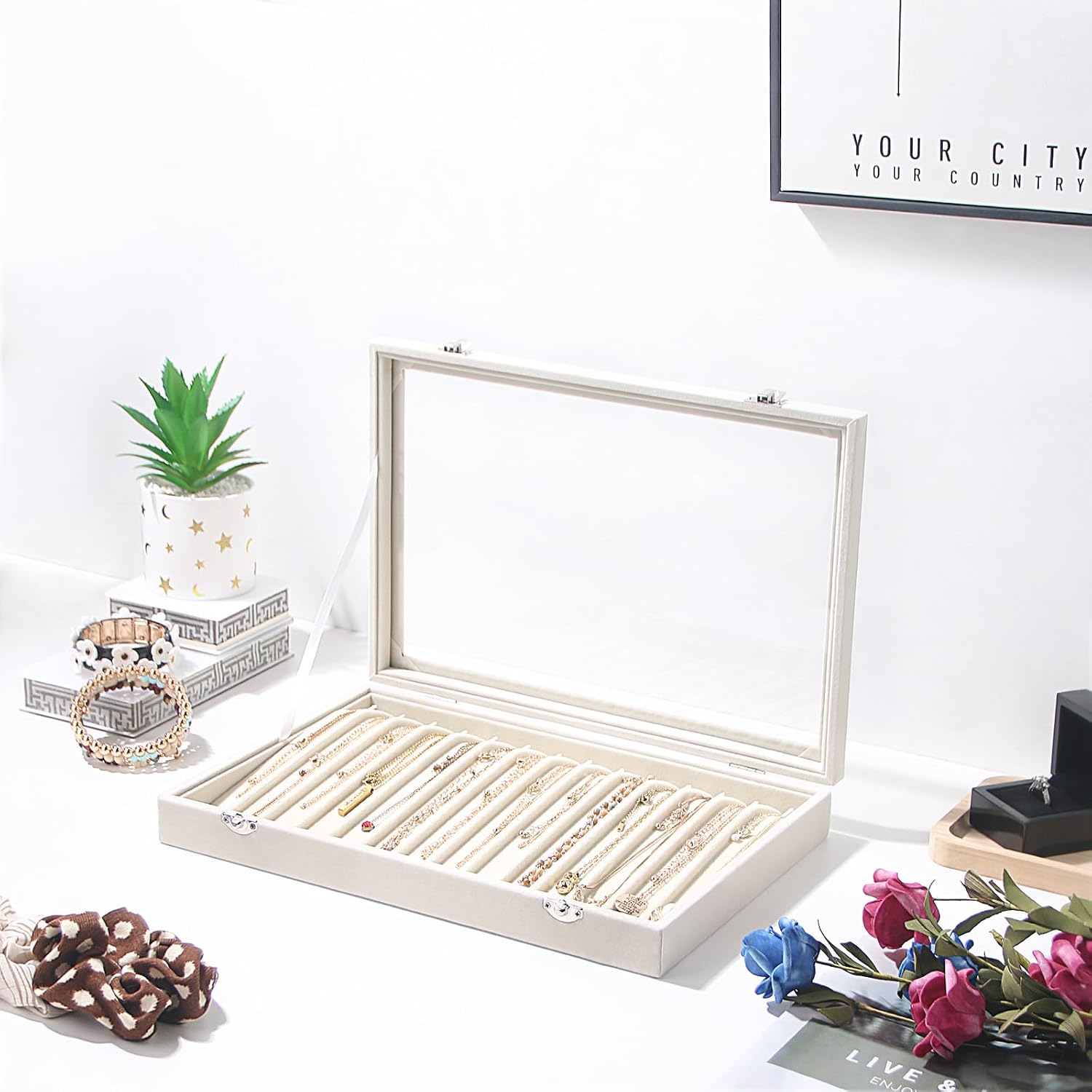 Coward 14 Hooks Necklace Storage Tray, Velvet Neckalce Organizer Box with Clear Lid, Pendant Chain Necklace Jewelry Organizer Drawer Tray for Women Girls (Beige)