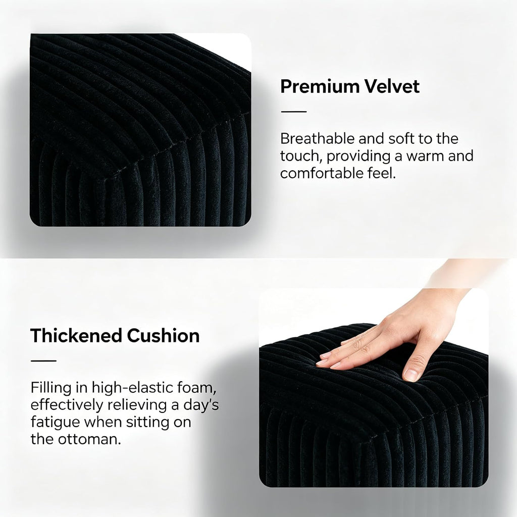 YDcosyfy Modern Cube Ottoman Set of 2, Corduroy Vanity Stool Footrest, Upholstered Stool for Makeup, Bedroom, Living Room, Black