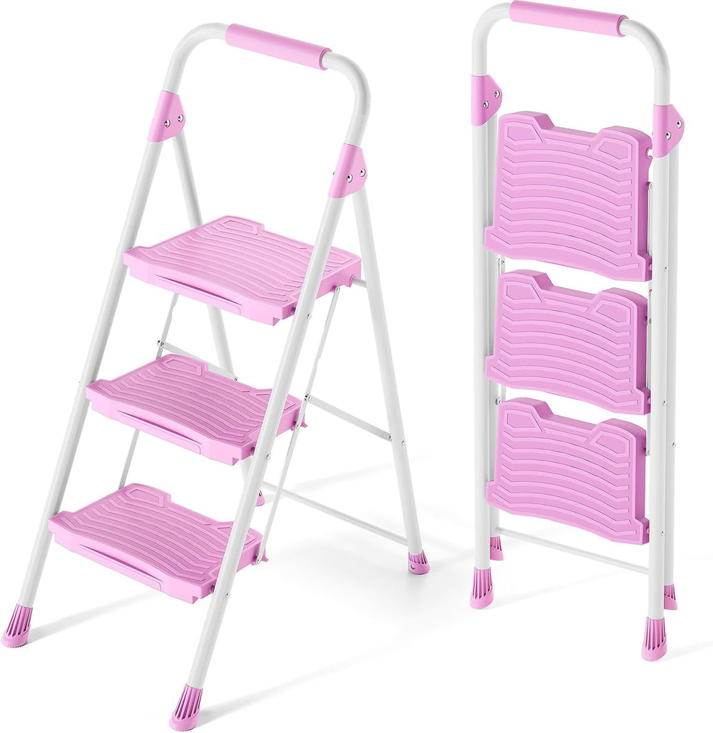 KINGRACK 3 Step Ladder, Sturdy Step Stool with Handrail, Anti-Slip Wide Pedal...