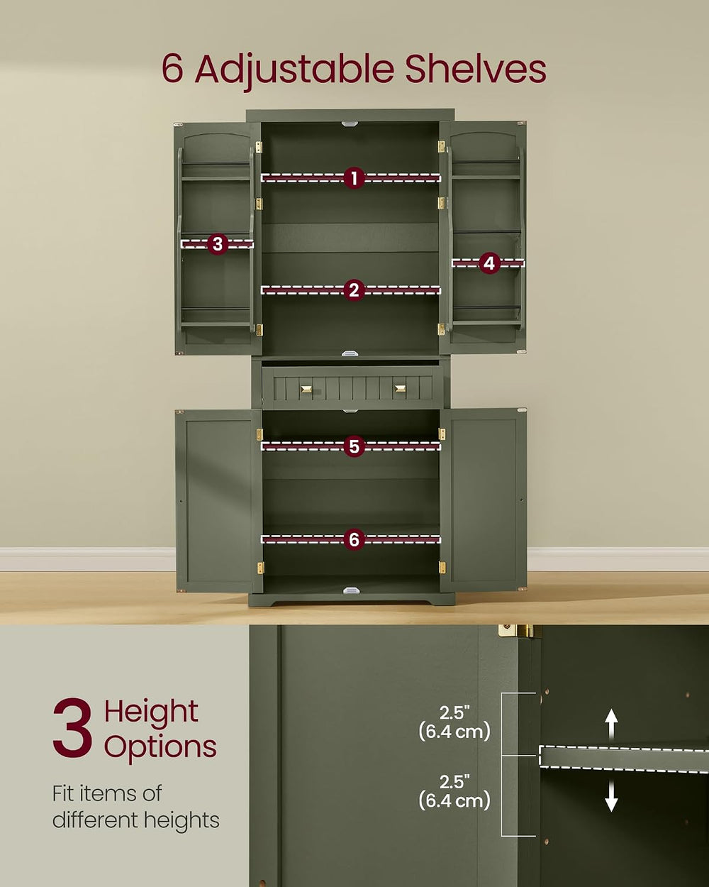 VASAGLE Pantry Cabinet, 15.7 x 30 x 71.7 Inches, Freestanding Tall Cupboard S...