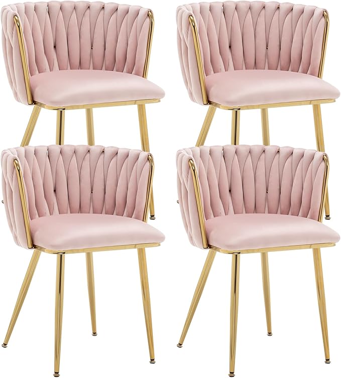 Kiztir Pink Velvet Dining Chairs Set of 4 Upholstered Modern Dining Room Chairs with Woven Back and Gold Metal Legs for Living Room, Bedroom, Kitchen