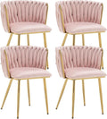Kiztir Pink Velvet Dining Chairs Set of 4 Upholstered Modern Dining Room Chairs with Woven Back and Gold Metal Legs for Living Room, Bedroom, Kitchen