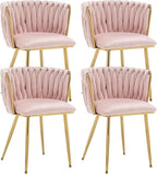 Kiztir Pink Velvet Dining Chairs Set of 4 Upholstered Modern Dining Room Chairs with Woven Back and Gold Metal Legs for Living Room, Bedroom, Kitchen
