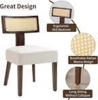 Rattan Dining Chairs Set of 6, Mid-Century Modern Fabric Dining Room Chairs with Brown Hardwood Frame, Upholstered Curved Backrest Kitchen Chair Armless Accent Chairs for Living Room (Cream)