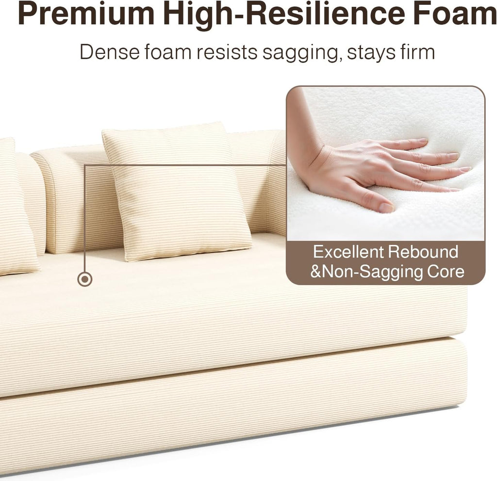 78.8" Convertible Sofa Bed, 5-in-1 Boneless Couch, No Assembly,Cream | Corduroy Boneless Loveseat Sleeper Sofa,Boneless Chair for Living Room,Futon Sleeper Couch with Removable Armrests & Pillows