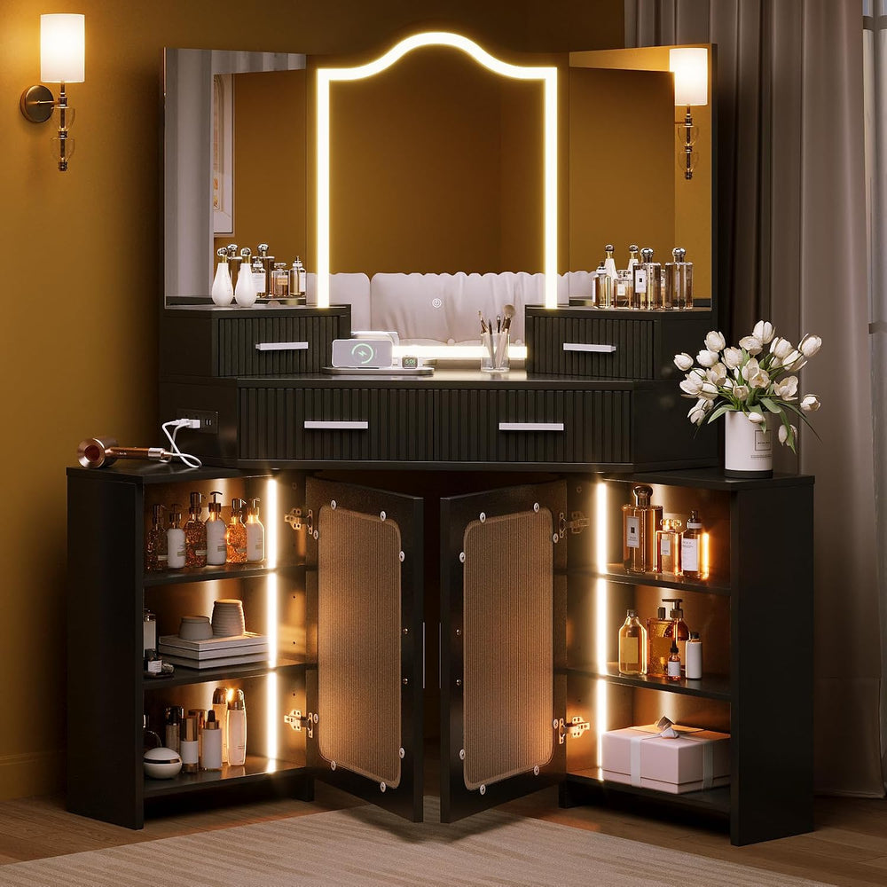 Corner Vanity with Mirror and Lights, Vanity Set with Tri-Way Mirrors | Makeu...