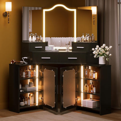 Corner Vanity with Mirror and Lights, Vanity Set with Tri-Way Mirrors | Makeup Vanity with 4 Drawers & 2 Cabinets, Big Vanities with Power Outlet and Cushioned Stool, Perfect for Bedroom, Black