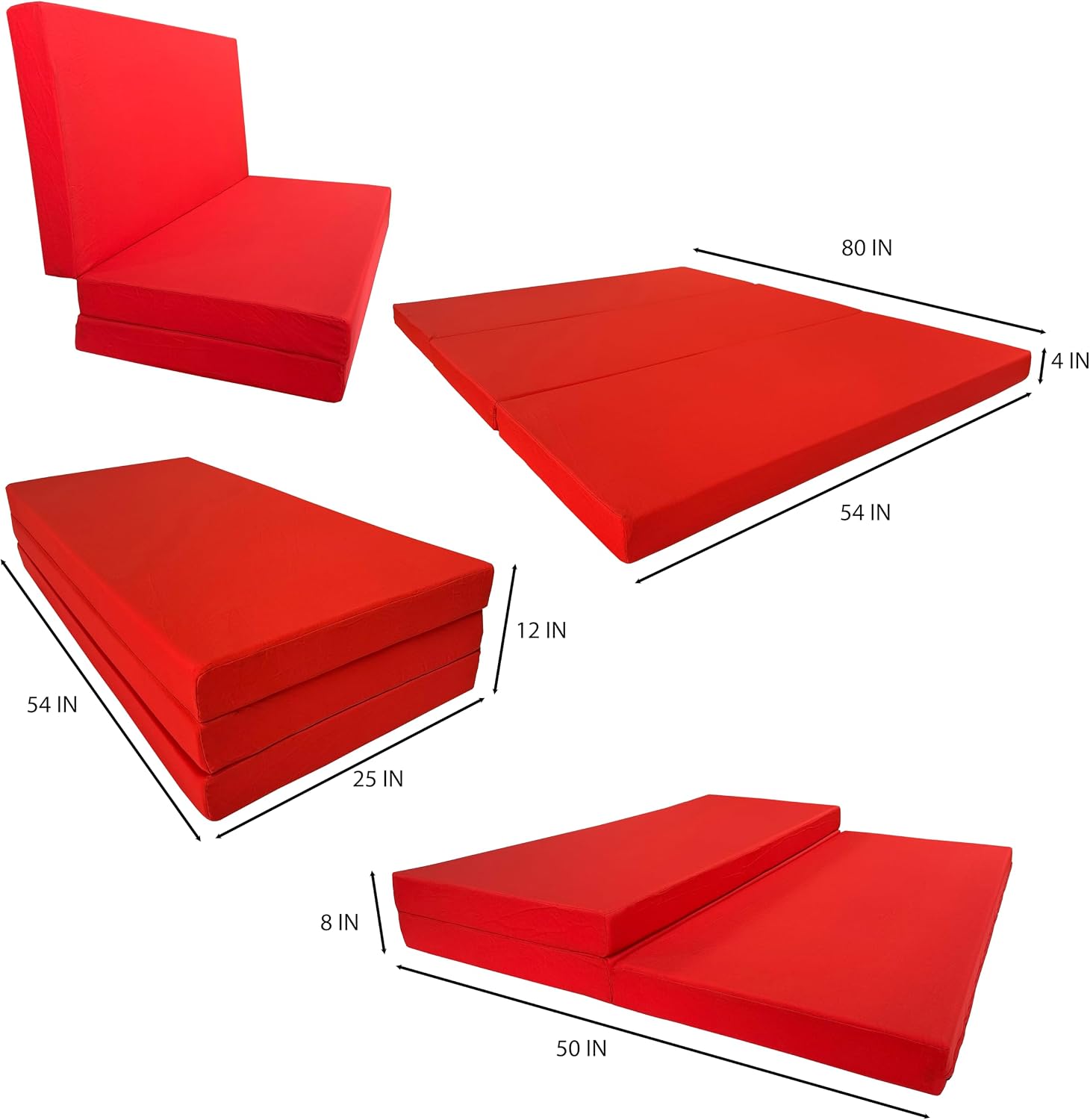 D&D Futon Furniture Portable Trifold Mattress, Foldable Foam Mattresses Small Space Saving Guest, Floor Fold Out Bed Ottoman, 4 inch Folding Cushion Pad Camping RV (Full Size 4x54x75, Red)
