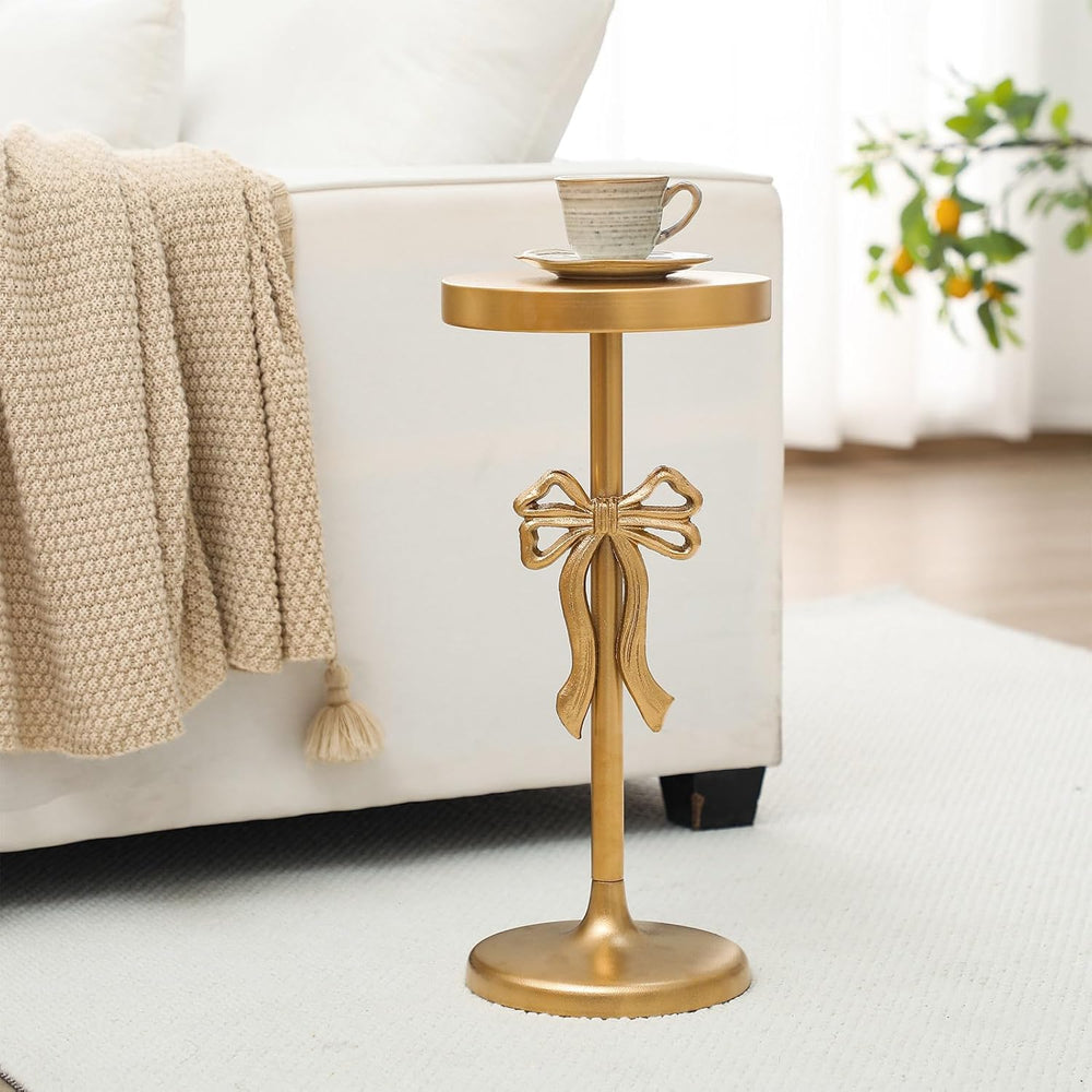 DoubleFill Gold Metal Martini Drink Table 9''x19.5'' Bow Pede...