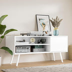 Cozy Castle TV Stand for 48 Inch TV, Mid Century Modern Entertainment Center with Storage Cabinet, TV Media Console with Charging Station for Living Room, Bedroom, White