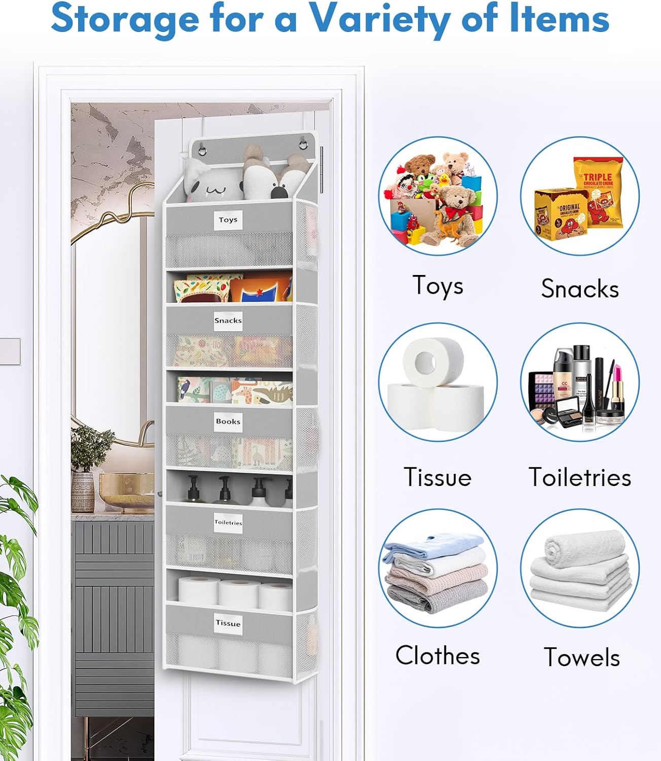 Over The Door Organizer Hanging, 2 Pack 5 Shelf Behind The Doors Storage, Pantry Door Organizer, Closet Organizers for Bedroom and Nursery (Grey)