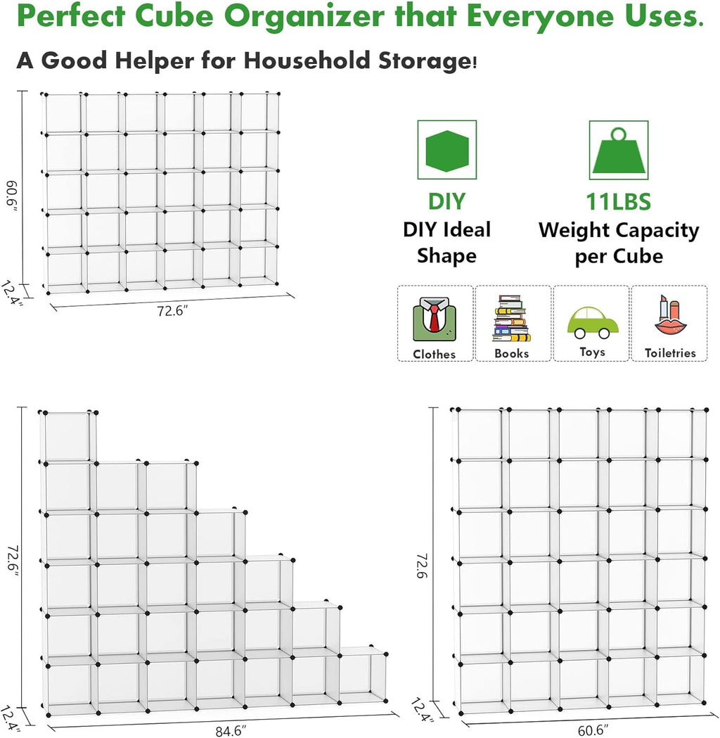 C&AHOME Cube Storage Organizer, 30-Cube Shelves Units, Closet Cabinet, DIY Plastic Modular Book Shelf, Ideal for Bedroom, Living Room, Office, 60.6" L x 12.4" W x 72.6" H Transparent White UPCS30W