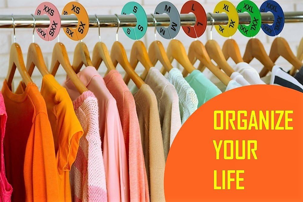 Clothing Rack Size Dividers for Retail Shops, XXS-XXXL, 40 Pieces, 8 Colors | Round Plastic Size Rings, Tags, Hangers, or Separators for Shirt, Closet, and Garment Racks, Small Medium Large