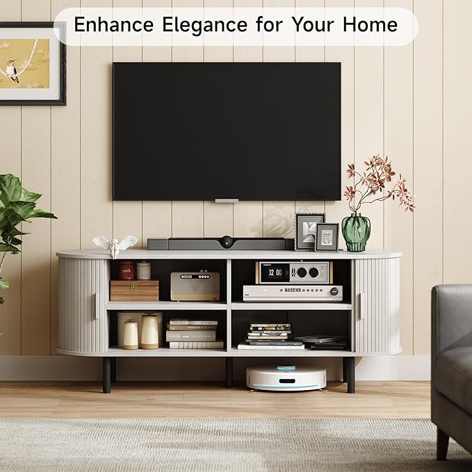ONBRILL 55" TV Stand with Power Outlet for TVs up to 60 Inch, Entertainment Center with Storage and Adjustable Shelves, Modern Media Console with Sliding Doors for Living Room, Natural White