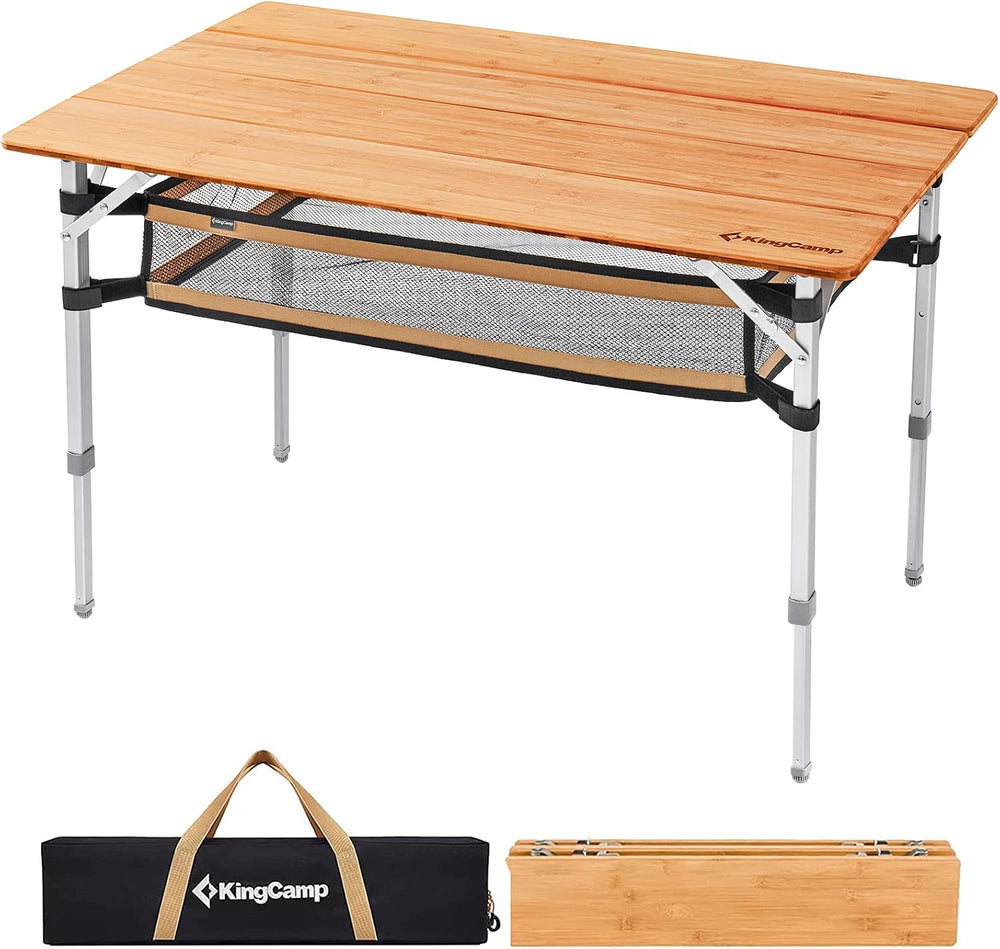 KingCamp Adjustable Height Bamboo Folding Camping Table with Storage