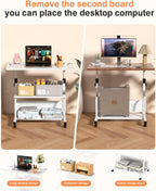 Portable Desk with Wheels Small Standing Desk on Wheels Adjustable Height Rolling Desks for Small Spaces, 32" Computer Desks with Storage Shelves for Home Office Study White